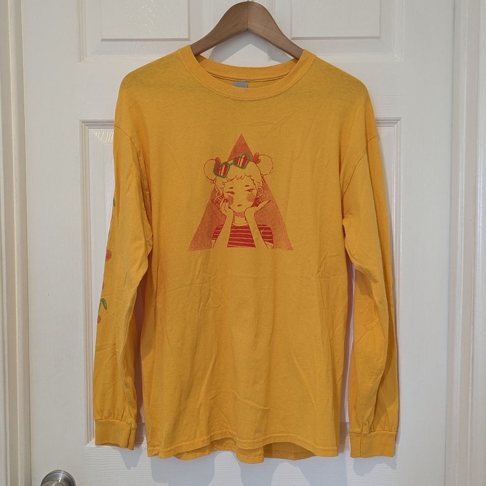 Yellow Cherry Anime Girl Long Sleeve Shirt L